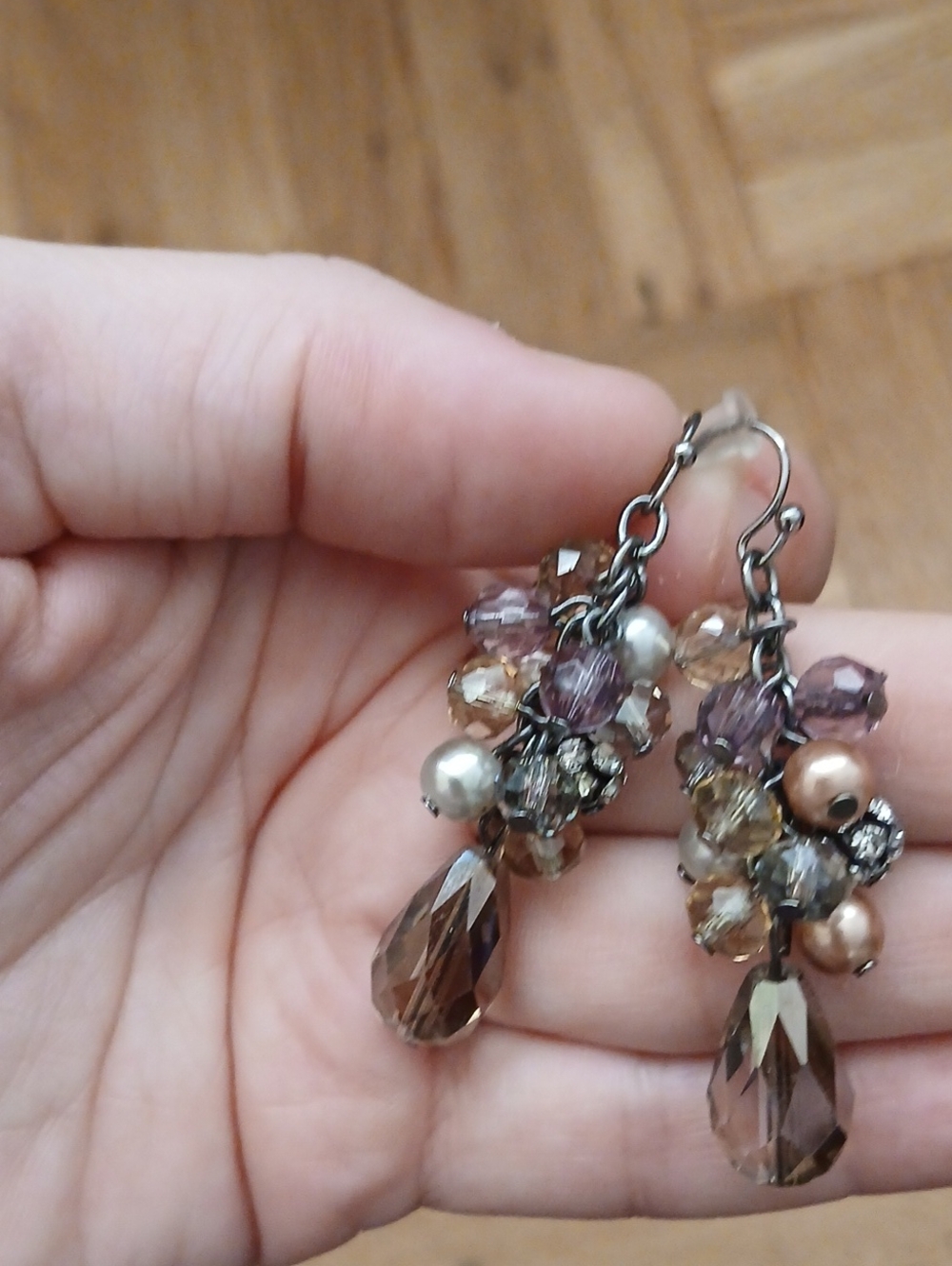 Handmade Cluster Drop Earrings in Mauve and Pearl